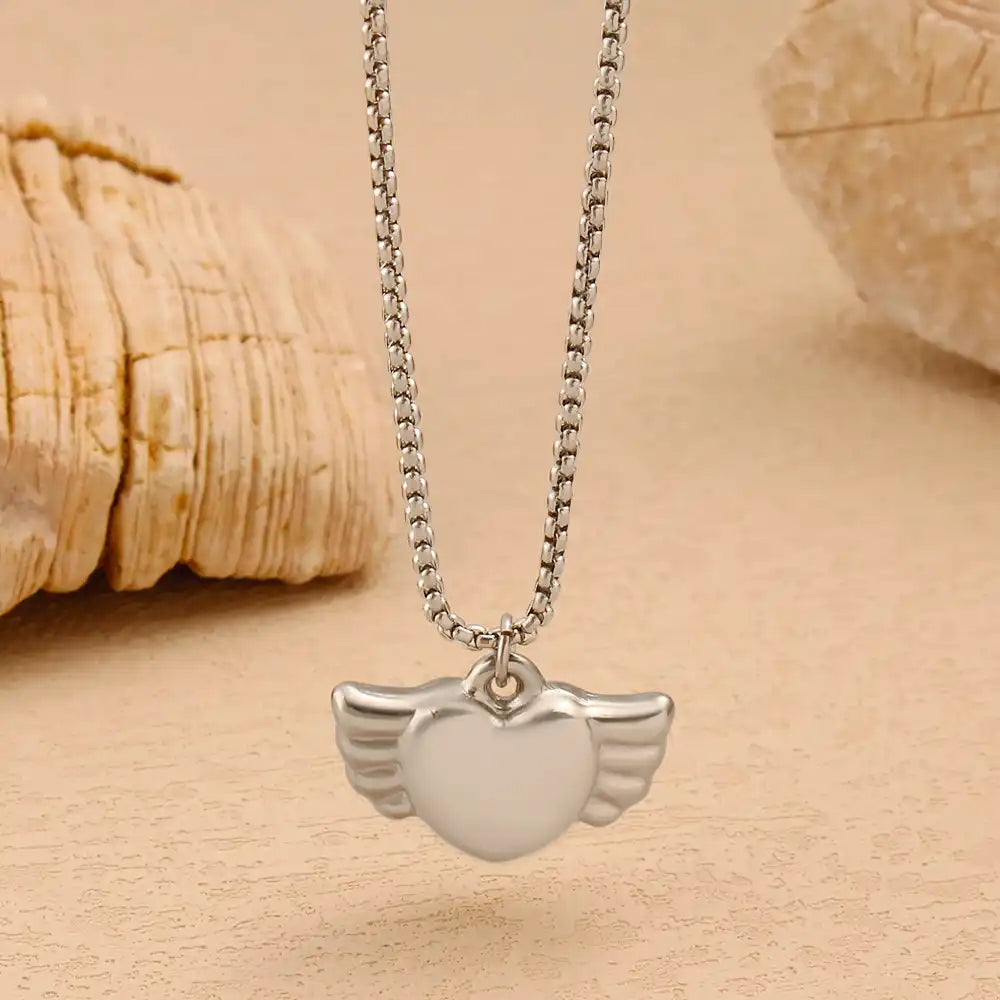 Stainless steel Vintage heart-shaped angel pendant necklace / 25003053