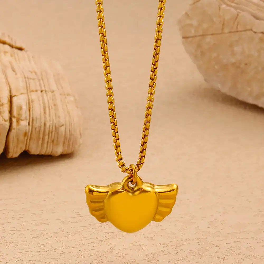 Stainless steel Vintage heart-shaped angel pendant necklace / 25003053