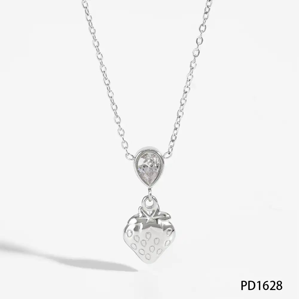 Stainless steel Zircon waterdrop strawberry heart pendant necklace / 25003056