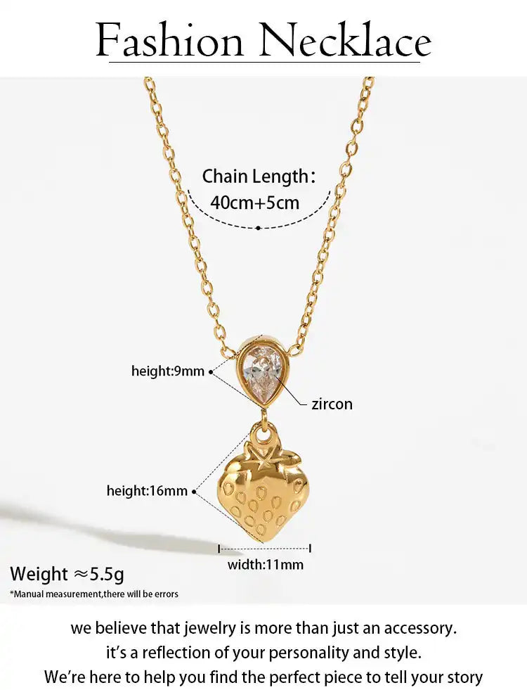 Stainless steel Zircon waterdrop strawberry heart pendant necklace / 25003056