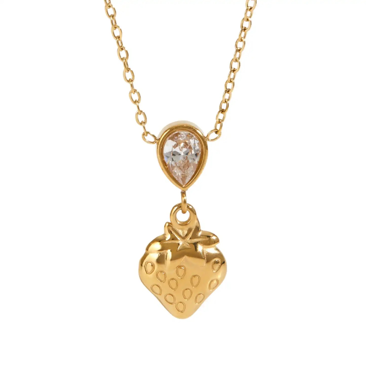 Stainless steel Zircon waterdrop strawberry heart pendant necklace / 25003056