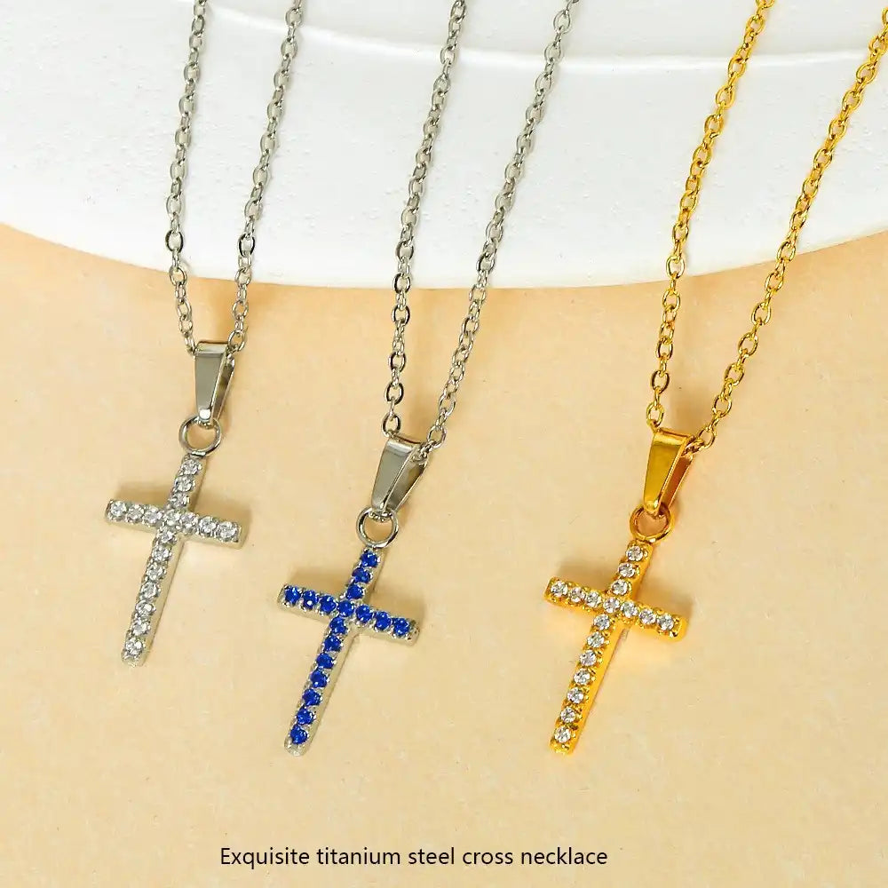 Titanium steel Vintage religious cross Zircon Inlay pendant Necklace / 25004015