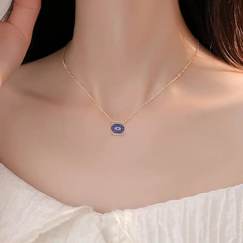 Titanium steel Zircon Inlay Evil Eye pendant necklace / 25004011
