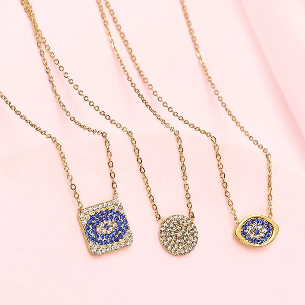 Titanium steel Zircon Inlay Oval Evil Eye pendant necklace / 25004012