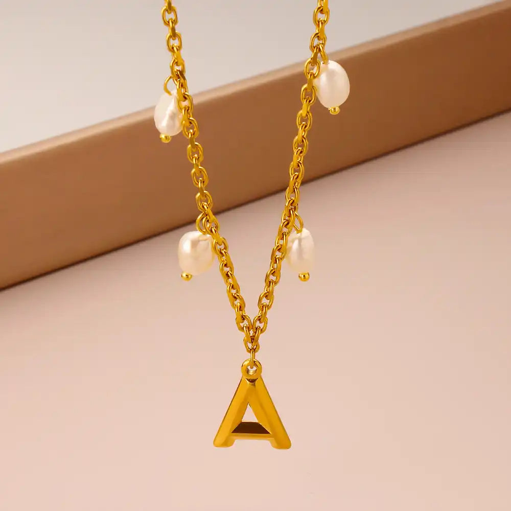 Titanium steel letter pendant Pearl Charm necklace / 25003052