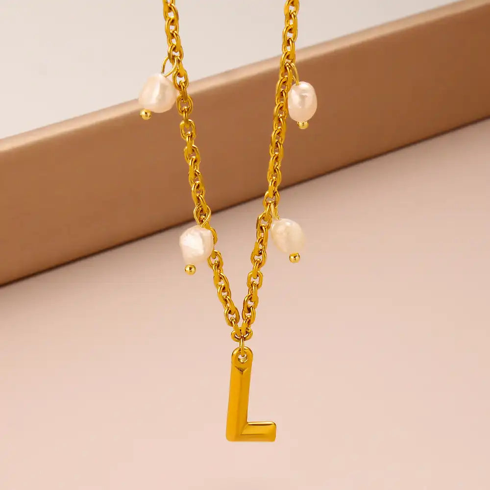 Titanium steel letter pendant Pearl Charm necklace / 25003052