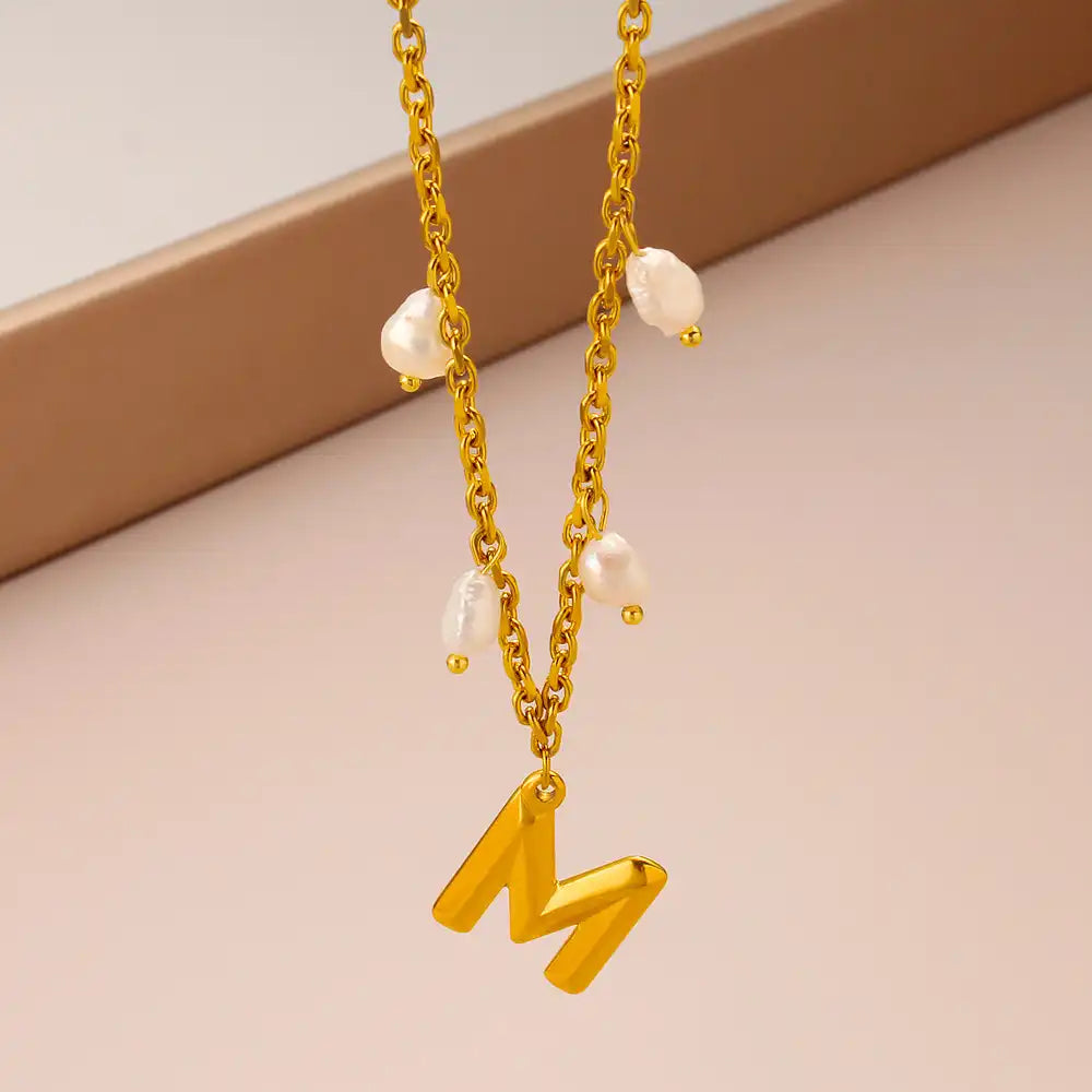 Titanium steel letter pendant Pearl Charm necklace / 25003052
