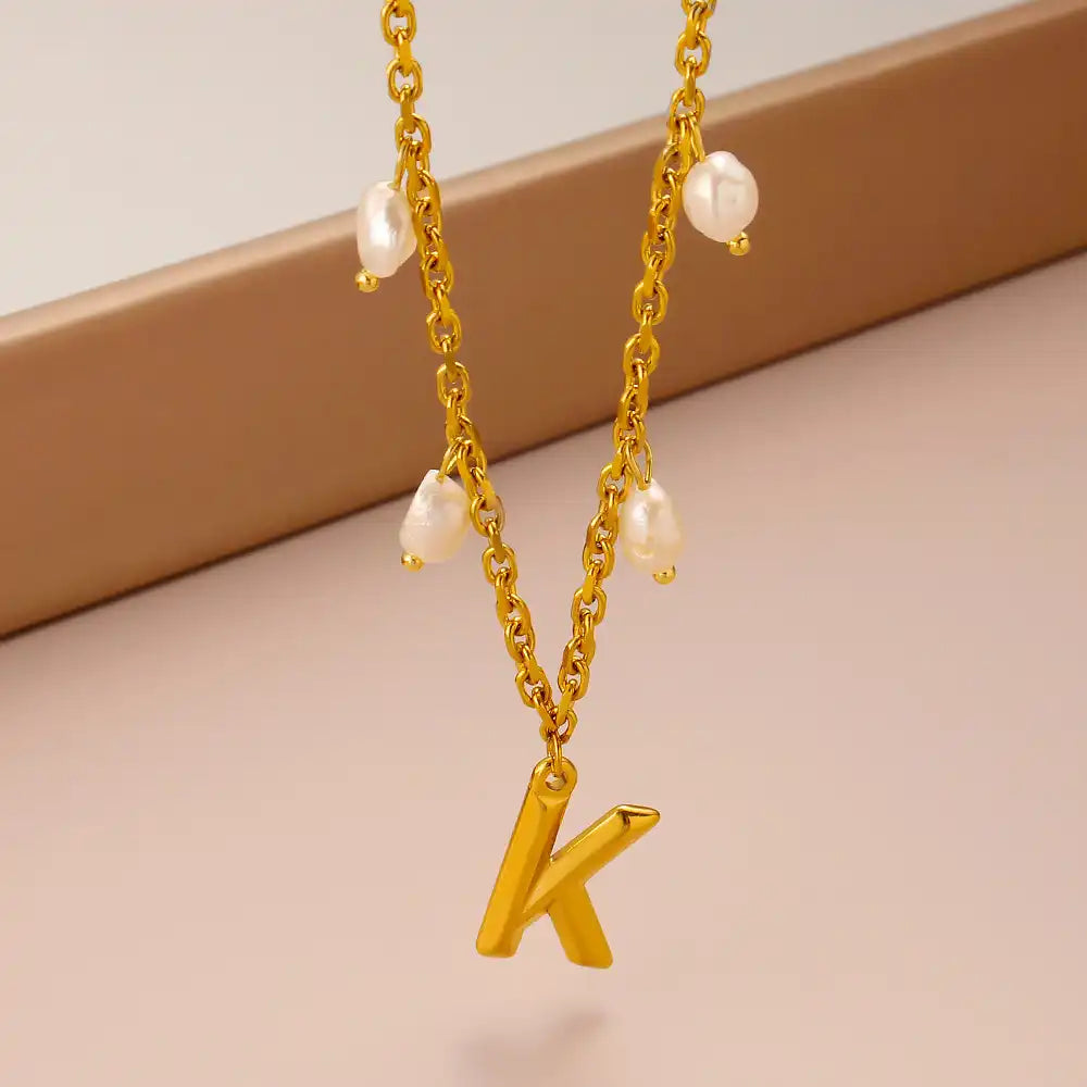Titanium steel letter pendant Pearl Charm necklace / 25003052