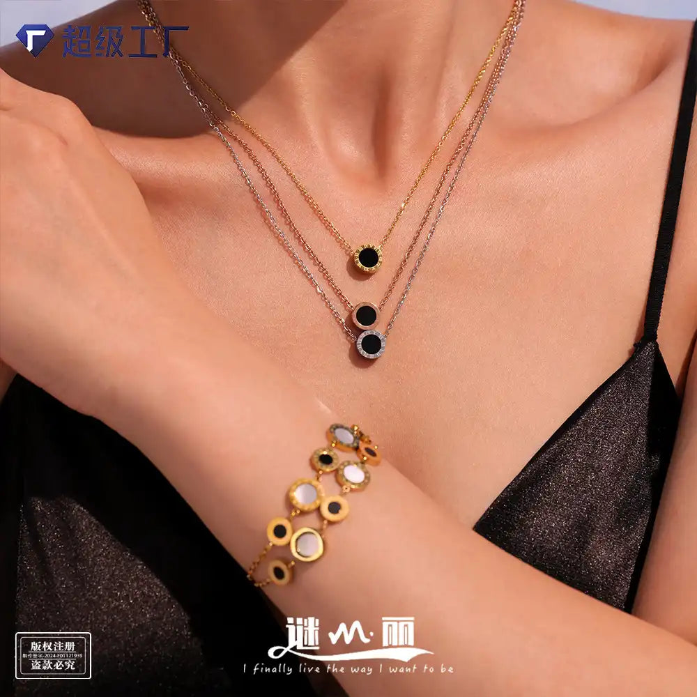 White clam shell and black acrylic Roman numeral bracelet & necklace / 25003060