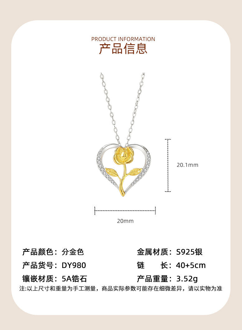 Sterling Silver Zicron Heart Rose Pendant Necklace / KJ0252