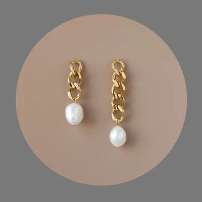 18K Gold PVD Stainless Steel Chain earrings with Pearl / 25104010