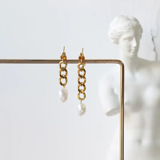 18K Gold PVD Stainless Steel Chain earrings with Pearl / 25104010