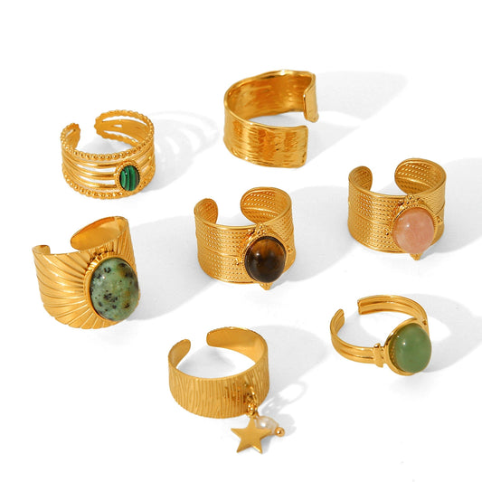 18K Gold PVD Stainless Steel Vintage Natural Stone Ring / KR0009