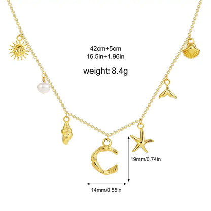 18K Gold PVD Stainless Steel Bohemian Shell Pearl Charm Letter Initial Necklace / KN4002