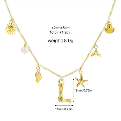 18K Gold PVD Stainless Steel Bohemian Shell Pearl Charm Letter Initial Necklace / KN4002