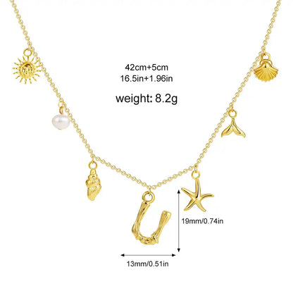 18K Gold PVD Stainless Steel Bohemian Shell Pearl Charm Letter Initial Necklace / KN4002