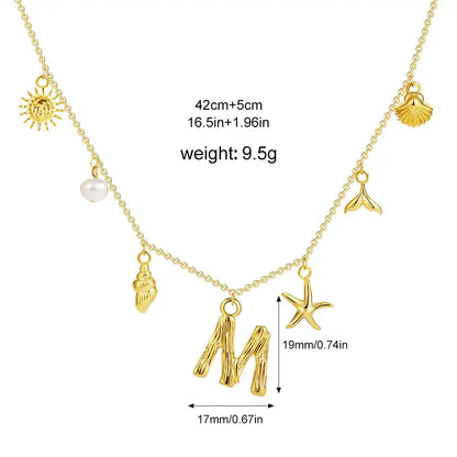 18K Gold PVD Stainless Steel Bohemian Shell Pearl Charm Letter Initial Necklace / KN4002