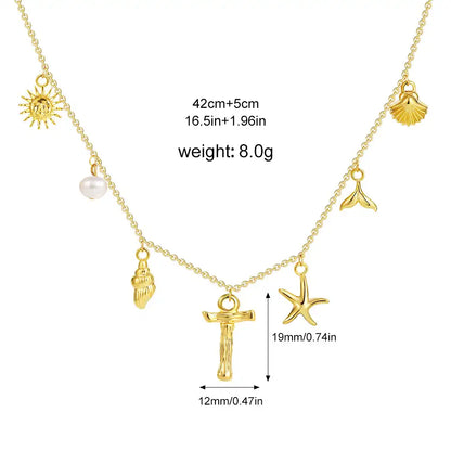 18K Gold PVD Stainless Steel Bohemian Shell Pearl Charm Letter Initial Necklace / KN4002