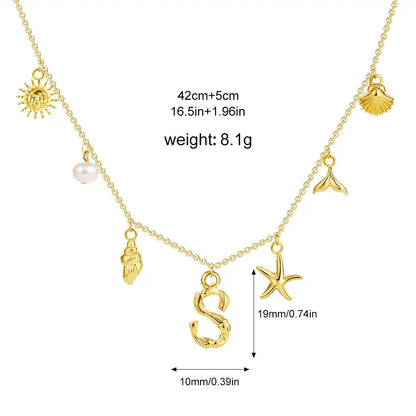 18K Gold PVD Stainless Steel Bohemian Shell Pearl Charm Letter Initial Necklace / KN4002