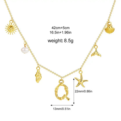 18K Gold PVD Stainless Steel Bohemian Shell Pearl Charm Letter Initial Necklace / KN4002