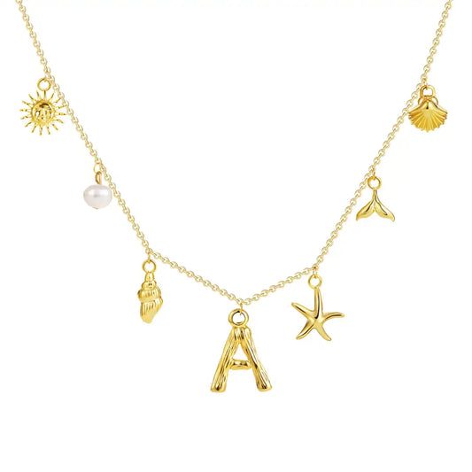 18K Gold PVD Stainless Steel Bohemian Shell Pearl Charm Letter Initial Necklace / KN4002