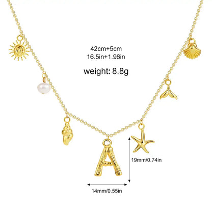 18K Gold PVD Stainless Steel Bohemian Shell Pearl Charm Letter Initial Necklace / KN4002