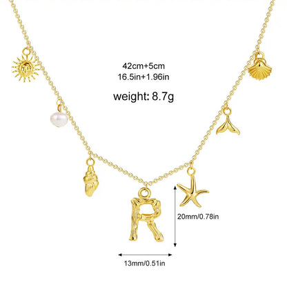 18K Gold PVD Stainless Steel Bohemian Shell Pearl Charm Letter Initial Necklace / KN4002