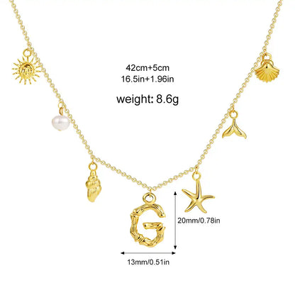 18K Gold PVD Stainless Steel Bohemian Shell Pearl Charm Letter Initial Necklace / KN4002