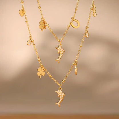 18K Gold PVD Stainless steel 5A zirconia little dolphin Charm Necklace / 25004008