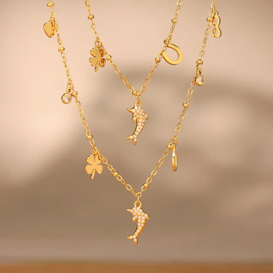 18K Gold PVD Stainless steel 5A zirconia little dolphin Charm Necklace / 25004008