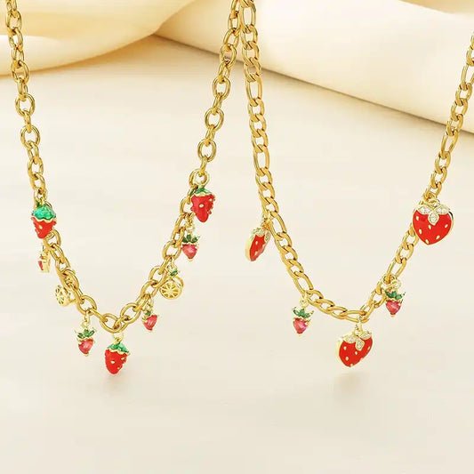 18K Gold PVD Titanium steel Strawberry and cherry Charm Pendant Necklace / 25003059