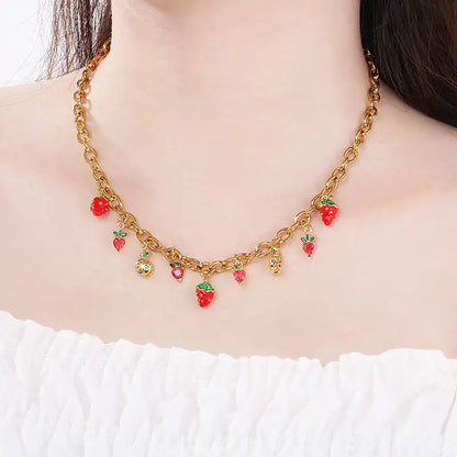 18K Gold PVD Titanium steel Strawberry and cherry Charm Pendant Necklace / 25003059