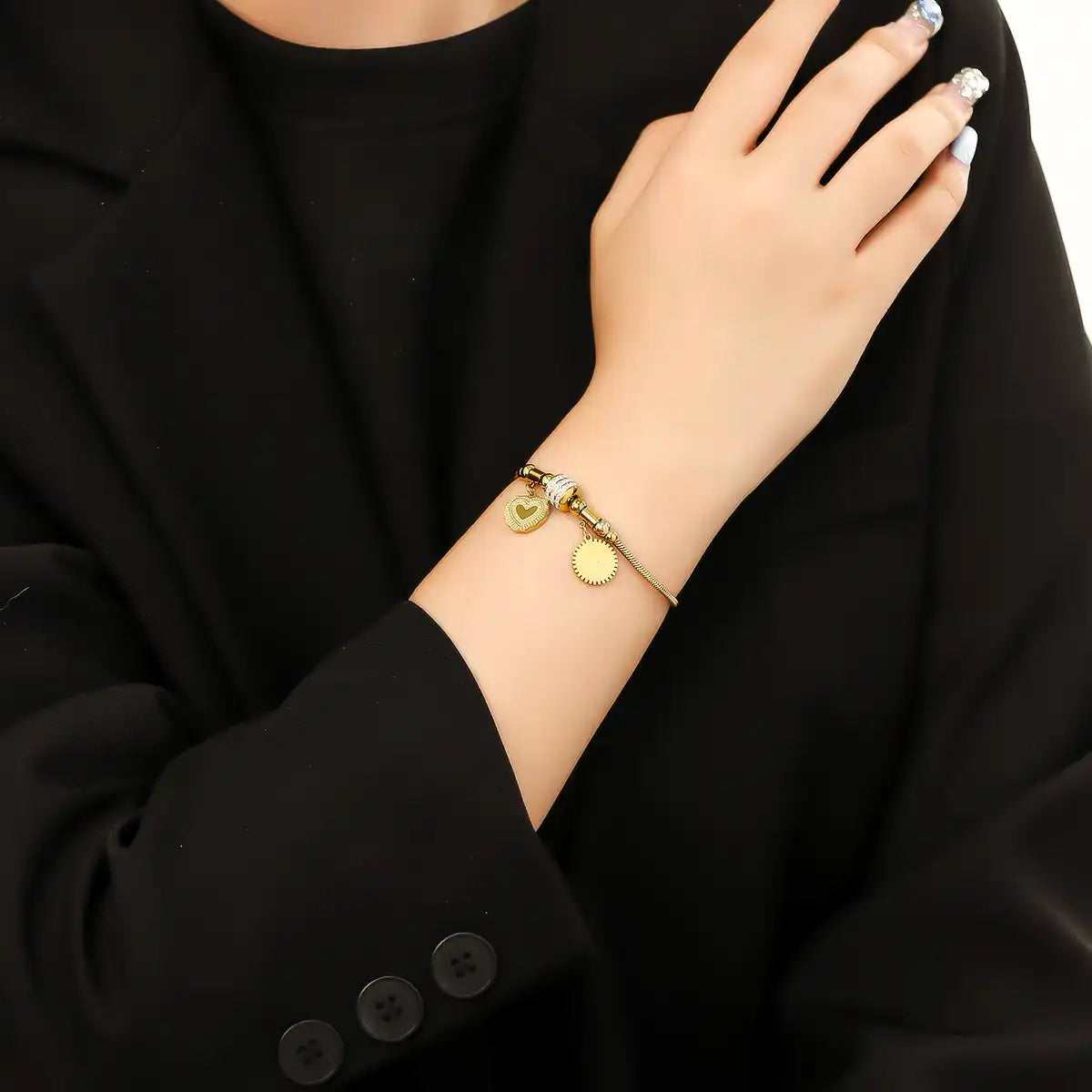 18K Gold PVD titanium steel Snake Chain Love Charm Rhinestone inlay bracelet / 25303081