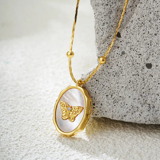Copper Rhinestone Inlay Shell Butterfly Album Pendant Locket Necklace / KN5009