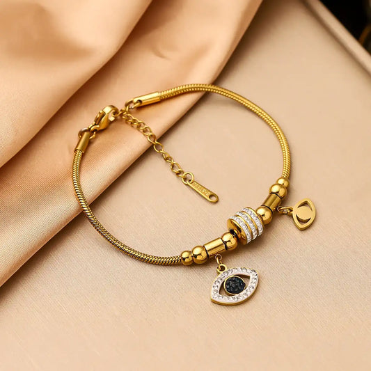 18K gold PVD titanium steel Rhinestone Inlay Eye Charm bracelet / 25303076
