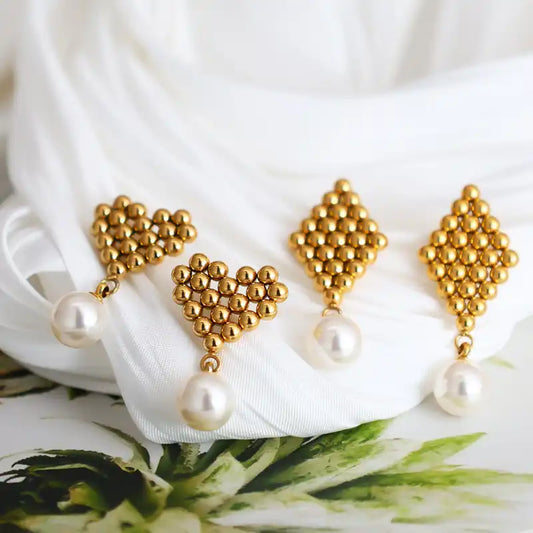 1 Pair 18K Gold PVD Vintage Braided Heart Pearl Tassel Drop Earrings / 25104006