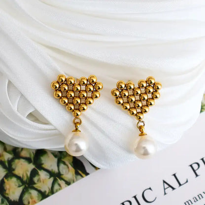 1 Pair 18K Gold PVD Vintage Braided Heart Pearl Tassel Drop Earrings / 25104006