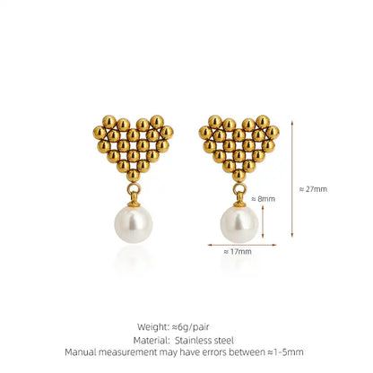 1 Pair 18K Gold PVD Vintage Braided Heart Pearl Tassel Drop Earrings / 25104006