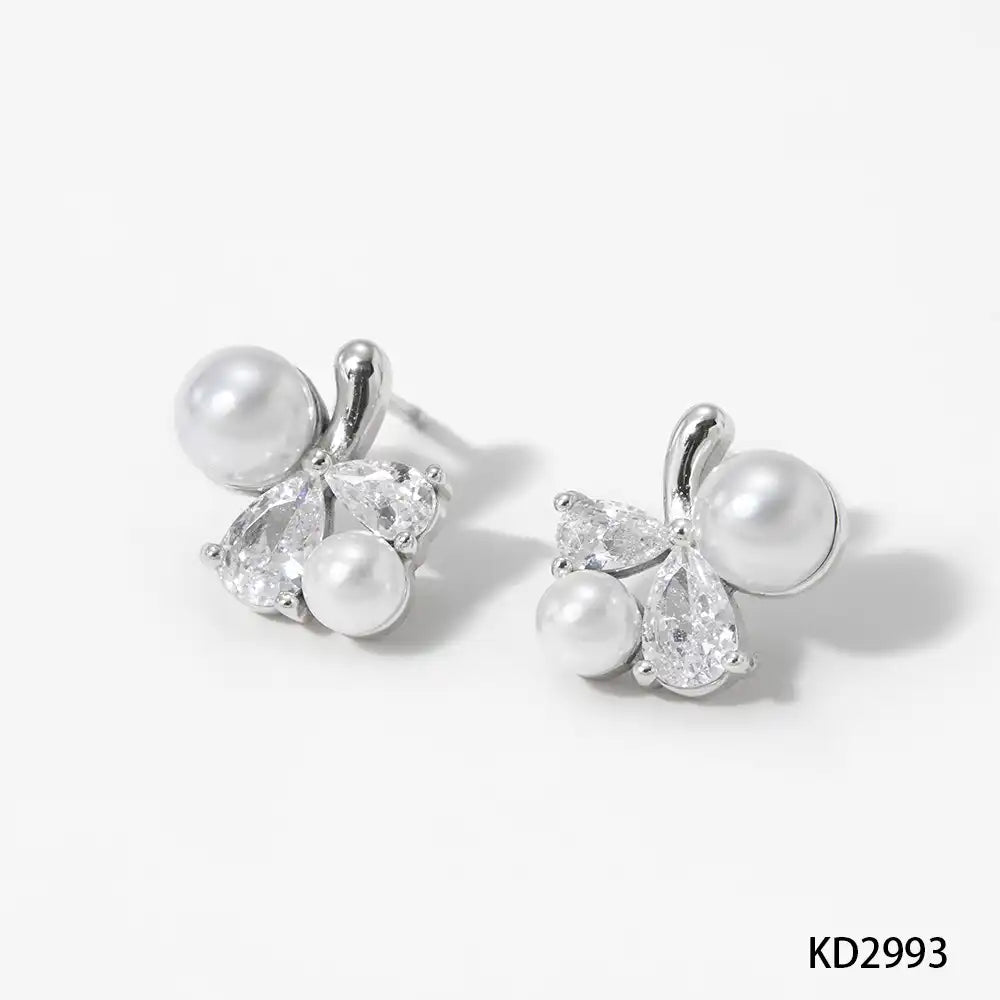 1 Pair 316L stainless steel Zircon and Pearly Inlay Stud earrings / 25104015