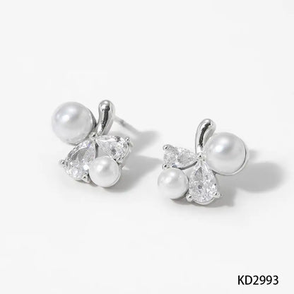 1 Pair 316L stainless steel Zircon and Pearly Inlay Stud earrings / 25104015