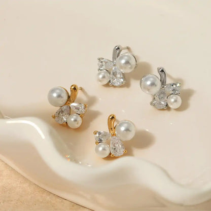 1 Pair 316L stainless steel Zircon and Pearly Inlay Stud earrings / 25104015