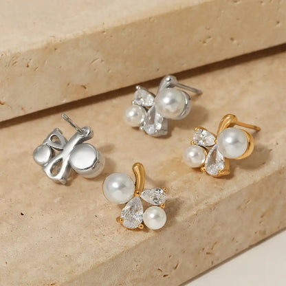1 Pair 316L stainless steel Zircon and Pearly Inlay Stud earrings / 25104015