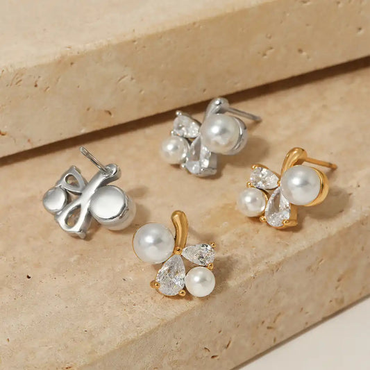 1 Pair 316L stainless steel Zircon and Pearly Inlay Stud earrings / 25104015