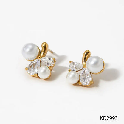 1 Pair 316L stainless steel Zircon and Pearly Inlay Stud earrings / 25104015