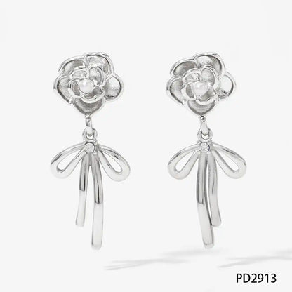 1 Pair 316 stainless steel pearl camellia bow vintage earrings / 25104020