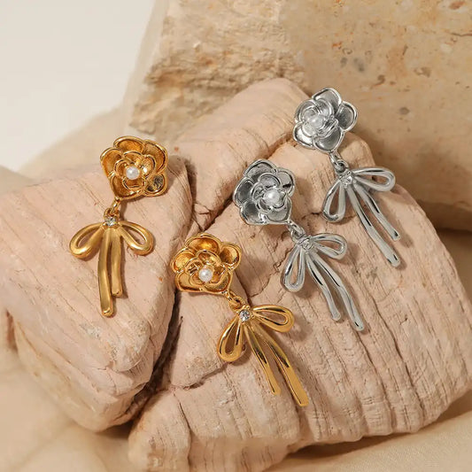 1 Pair 316 stainless steel pearl camellia bow vintage earrings / 25104020