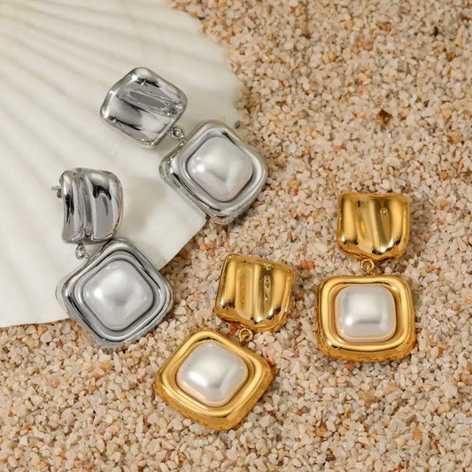 1 Pair 316 stainless steel pearl geometric square Drop earrings / 25104016