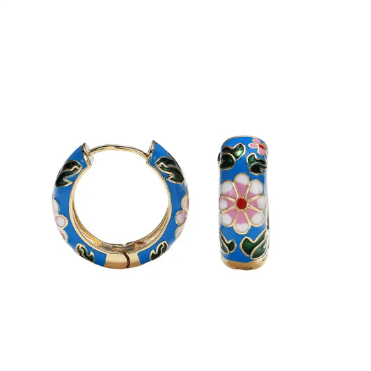 1 Pair Gold Plated Copper Vintage Colorful Flower Hoop Earring / KE2003