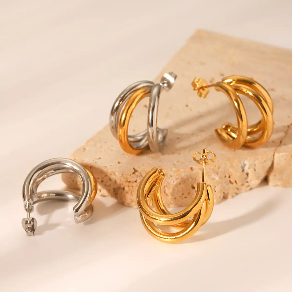 1 Pair Gold silver three-layer linear stainless steel Stud earrings / 25104003