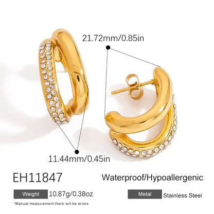 1 Pair Stainless steel Vintage irregular double-layer texture Rhinestone Inlay earrings / 25104022